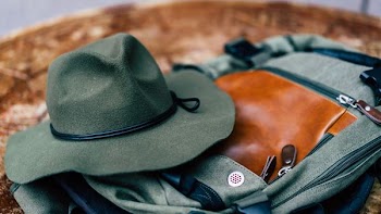 round hat on gray bag