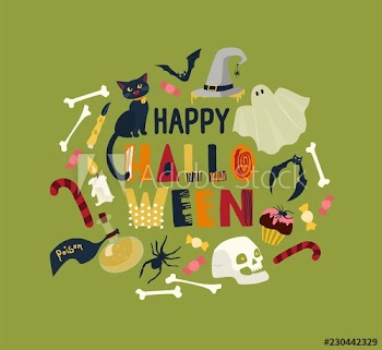 Round holiday composition with Happy Halloween wish surrounded by magic items and spooky characters - black cat, skull, bones, ghost, witch hat