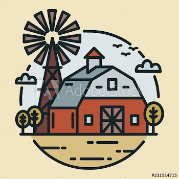 Round logotype with farmland landscape, country house or agricultural building and windmill in line art style
