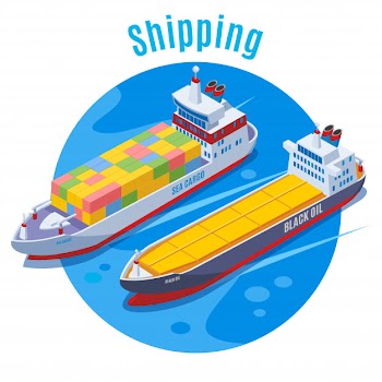 Round seaport isometric background with two logistic ship on blue fond and big headline shipping  illustration Free Vector