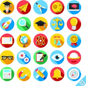 Round vector flat icons set with long shadow for web and mobile apps. Colorful illustrations,elements,objects,concepts of science,school,college education, teaching, etc. Isolated on white background.