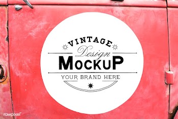 Round vintage board mockup on a red car | Free stock psd mockup - 525394