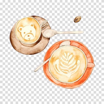 Round white and orange bowl , Coffee Latte Cafe Watercolor painting Illustration, coffee transparent background PNG clipart