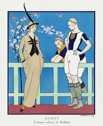 Rugby: Costume tailleur de Redfern from Gazette du Bon Ton No. 4 Pl. 39 (1914) fashion illustration in high resolution by George Barbier. Original from The Rijksmuseum. Digitally enhanced by rawpixel.