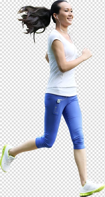 Running woman in white scoop-neck cap-sleeved shirt and blue pants outfit, Running, People running transparent background PNG clipart