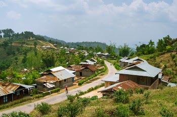 Rural mountain village of Palaung Tribe near Kyaukme, Shan State, Myanmar. It is now tea season and green tea is drying on bamboo mats all around the village.