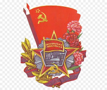 Russia Propaganda in the Soviet Union October Revolution - Soviet red flag with five-pointed star badge 