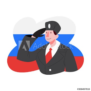 Russian soldier saluting against Russian Federation flag