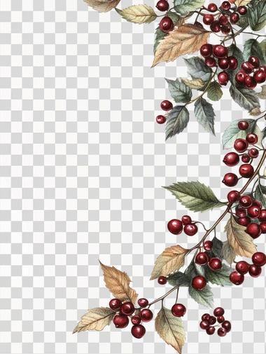 Rustic Berry And Leaf Corner Border On White Background