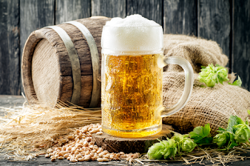 Rustic Still Life of Beer Stein on Wooden Barrel