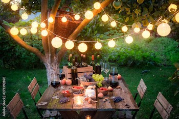 Rustic table with snacks and wine in the summer evening