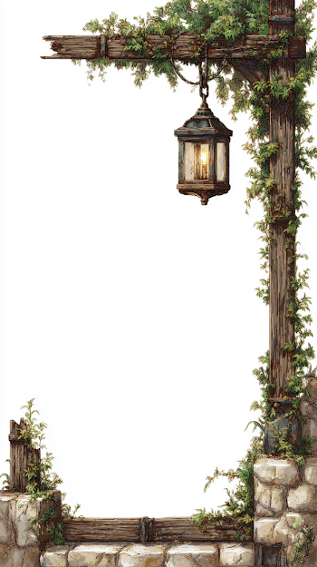 Rustic Tavern Frame with Lantern and Vines