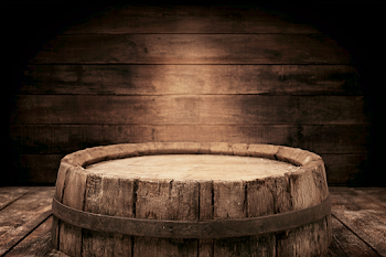 Rustic Wooden Barrel in Dimly Lit Cellar
