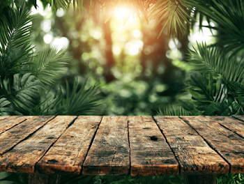 Rustic Wooden Tabletop in Tropical Rainforest