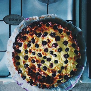 Rustical homemade cake with cherries 