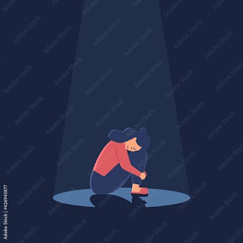 Sad crying lonely young woman sitting on floor in spotlight. Depressed unhappy girl. Female character in depression, sorrow, sadness. Mental disorder or illness.