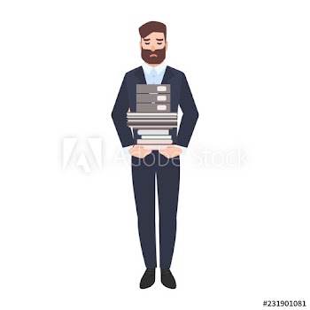 Sad male office worker or clerk carrying stack of paper documents