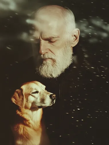 Sad old man in snowy landscape hides dog under jacket, minimalist scene Sad old man in snowy landscape hides dog under jacket, minimalist scene
