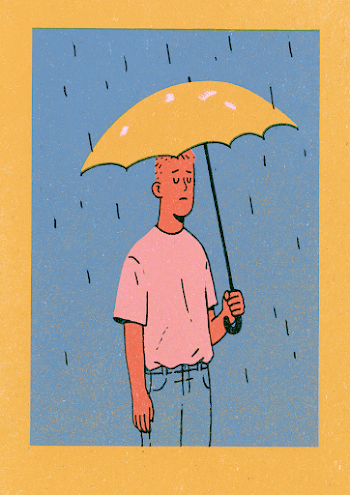 Sad Young Man in the Rain with Umbrella