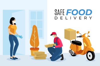 Safe food delivery guy on scooter Free Vector