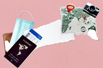 Safe traveling after Covid 19 pandemic with blank note paper
