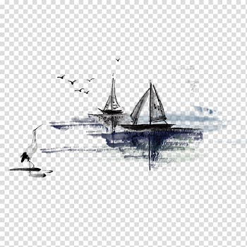 Sailboat illustration, China Ink wash painting Ink brush Illustration, Ink flower boats transparent background PNG clipart