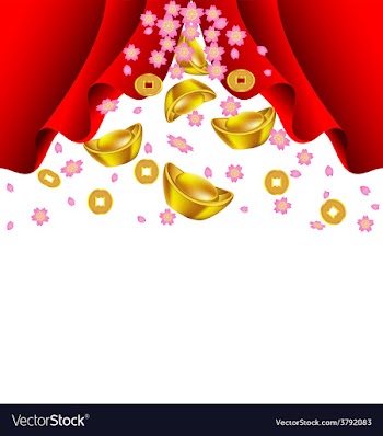  					Sakura blossom and gold ingot fall from red vector image														
