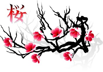 Sakura blossoms on tree silhouette and calligraphy