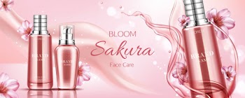 Sakura cosmetics bottles advertising banner, face care Free Vector