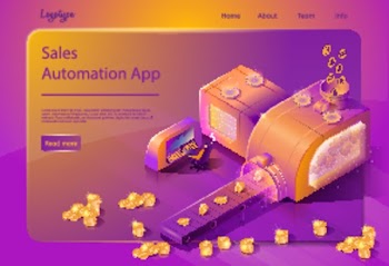 Sales Automation App Isometric Vector Web Banner with Automated Business Mechanism Making Money without Human Intervention Concept. Software Solution for Accelerating Business Processes Landing Page