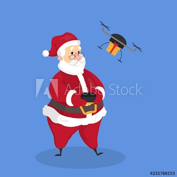 Santa Claus controls drone with christmas gift box