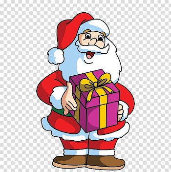 Santa Claus Gift Illustration, Santa Claus holding a gift box transparent background PNG clipart