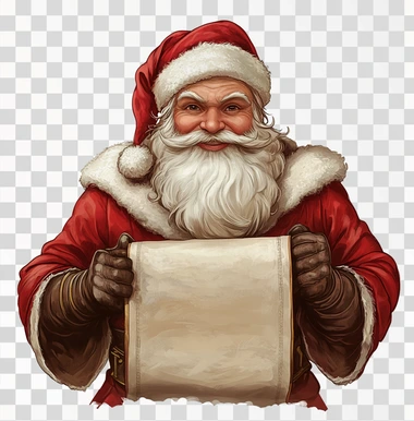 Santa Claus holding an old scroll, white background, in the 