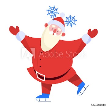Santa Claus ice skating in traditional red clothes and hat