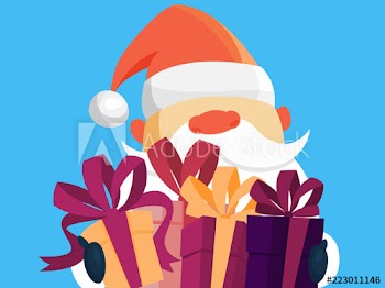 Santa Claus in red clothes holding pile of gifts