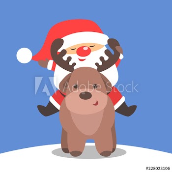 Santa Claus in red clothes sitting on reindeer