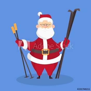 Santa Claus in red clothes standing with ski
