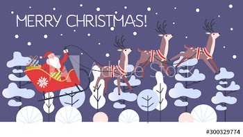Santa Claus in sleigh and running deer