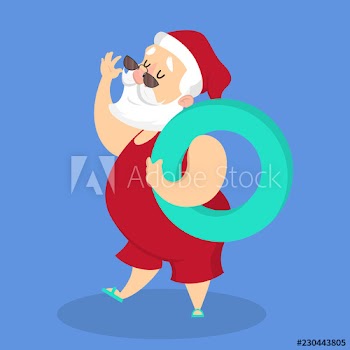 Santa Claus in summer swimming suit holding lifeline