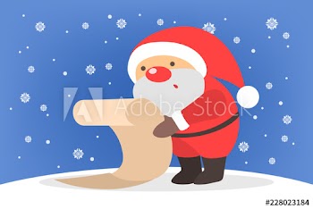 Santa Claus reading a long list of gifts