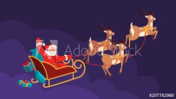 Santa Claus riding reindeer sleigh flying away