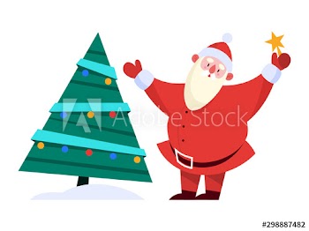 Santa Claus standing by Christmas tree with gold star in his hand