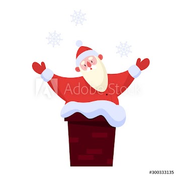 Santa Claus standing by Christmas tree with gold star in his hand