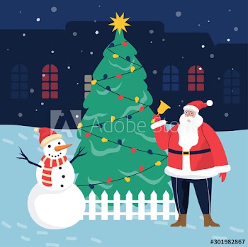 Santa Claus standing by Christmas tree with lights