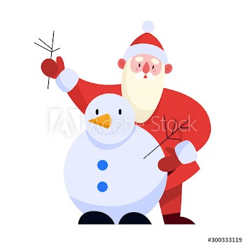 Santa Claus standing by snowman