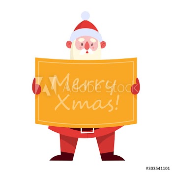 Santa Claus standing with a big Merry Christmas banner in his hands