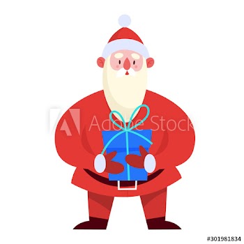 Santa Claus standing with a blue box for present in his hands