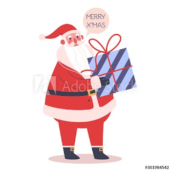 Santa Claus standing with a blue box for present in his hands