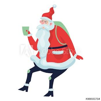 Santa Claus standing with  a cup of hot chocolate in his hands