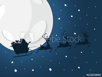 Santa flying in sleigh with bag full of gifts